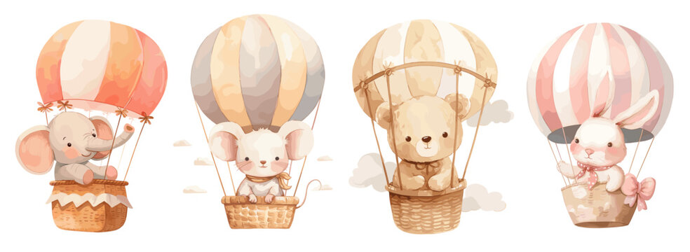 Watercolor animals. Cute cartoon elephant mouse bear bunny in hot air balloon for baby shower birthday children poster vector illustration