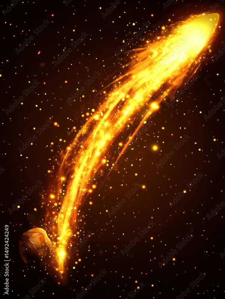Poster dramatic illustration of a comet streaking through space with fiery tail and asteroid in deep space