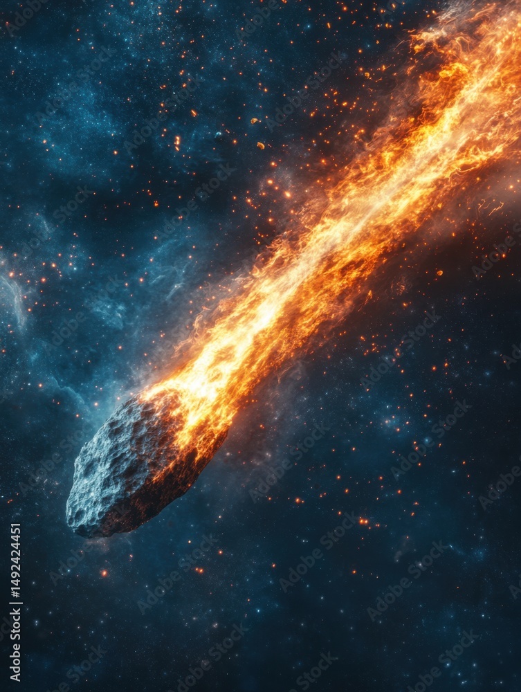 Poster dramatic close up of a meteor hurtling through space with fiery tail and starry background digital a