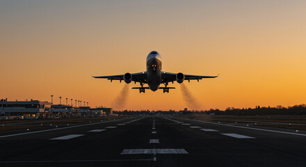 Naklejka premium Airplane taking off at sunset. 