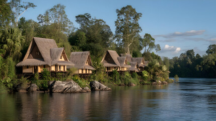 Obraz premium village at sunrise with wooden piers and nets