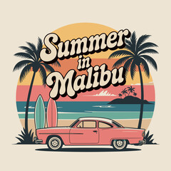 Retro Summer in Malibu Beach Car Poster