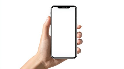 Hand holding a phone with a white background. The phone is empty and the hand is holding it up
