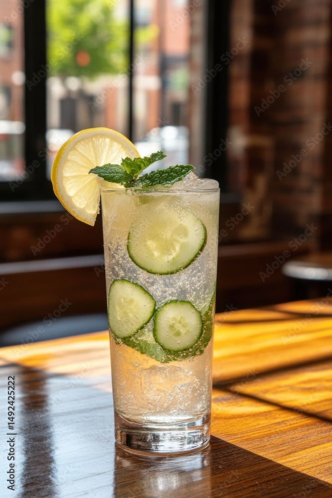 Poster refreshing cucumber gin and tonic cocktail with lemon and mint on a wooden table in a bar setting cl