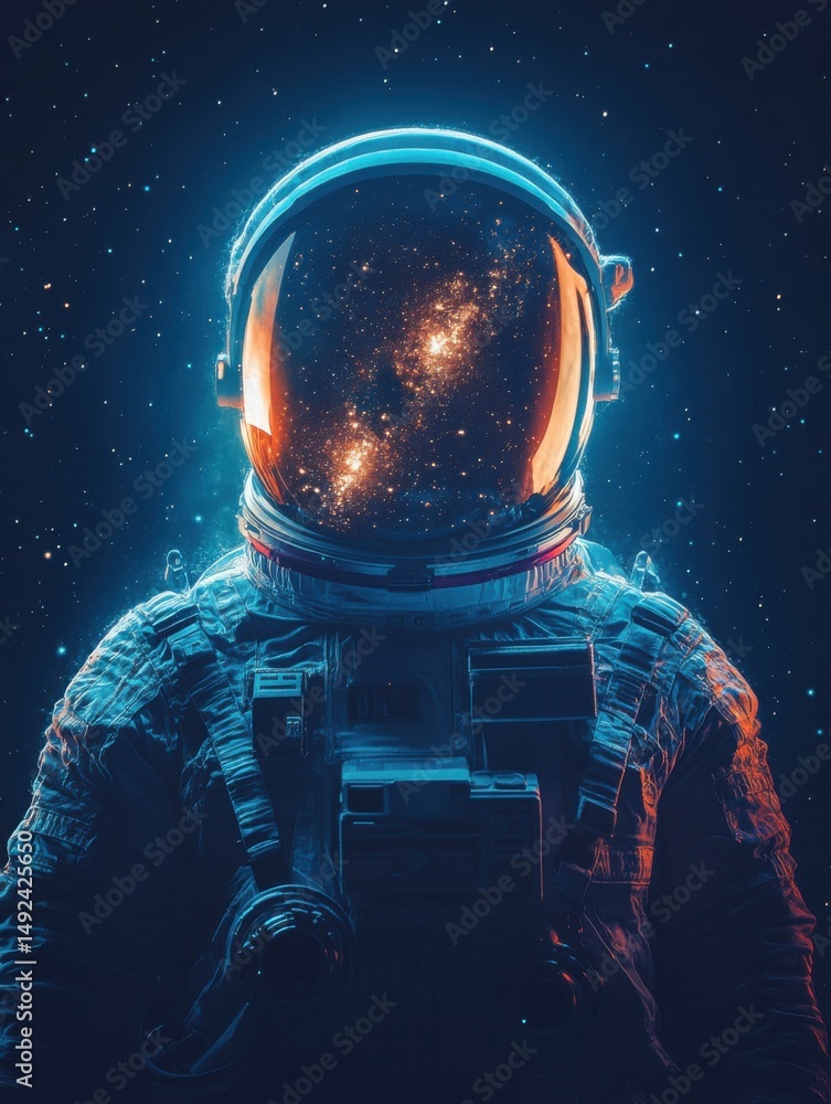 Poster astronaut in spacesuit with galaxy reflection in helmet against starry sky close up portrait view