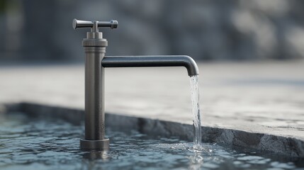 A sleek modern tubewell with a hand pump in a clean environment, clear water flowing, minimalist design, realistic metal texture