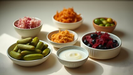 Assorted Small Bowls of Fresh Salads and Pickles