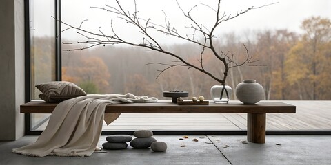 Serene Autumnal Interior Wooden Bench with Throw, Decor, and Panoramic View