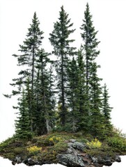 Group of Evergreen Trees on Rocky Outcrop Isolated on White Background Overhead Shot Forest Mountain