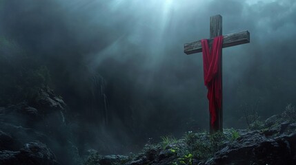 Wooden Cross with Red Cloth in Misty Landscape Symbolizing Faith and Sacrifice Dramatic Lighting