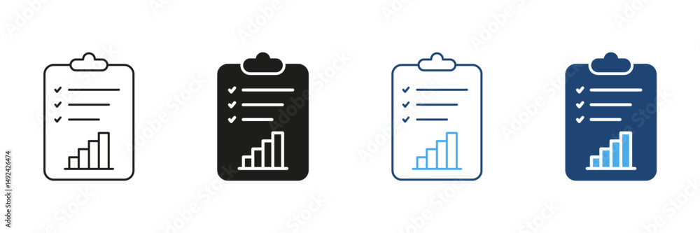 Poster clipboard with checklist and bar graph line and solid icon set. task management, progress tracking, 