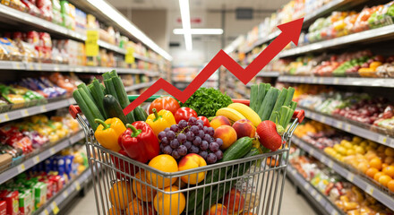 Shopping cart with groceries and an upward trend line.
