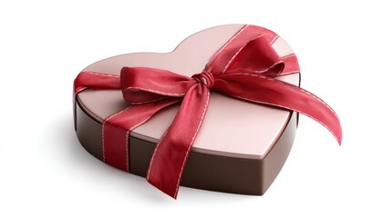 Heart shaped box with a red ribbon tied around it. The box is decorated with a red ribbon and is placed on a white background