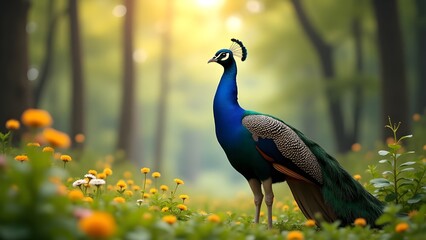 Obraz premium Grace in feathers, a peacock in full bloom. Nature’s most elegant masterpiece captured in a moment of stillness. Let its colors remind you that beauty always finds a way to stand out.
