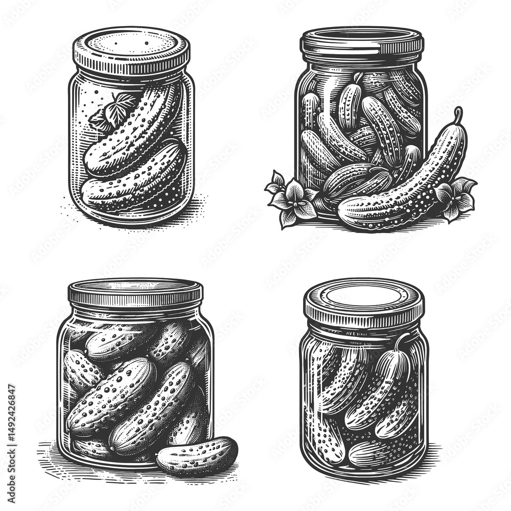 Poster glass jars filled with pickled cucumbers set collection bundle sketch engraving generative ai raster