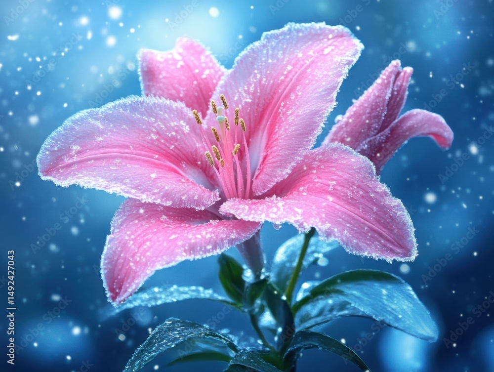 Poster close-up of a pink lily with frost and snowflakes on a blue background in winter macro view