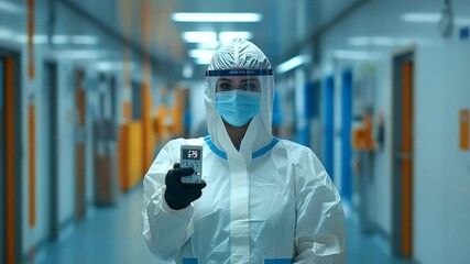 Protective suit worker in a sterile environment, holding device - Powered by Adobe