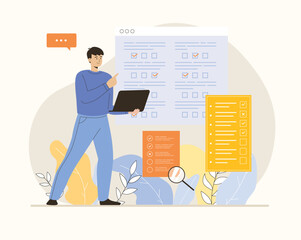 Online survey concept. Opinion questionnaire forms. Man fill out survey forms online on the web pages. Flat vector illustration.	

