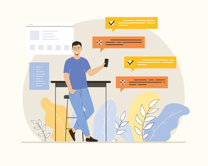 Online survey concept. Man choosing right answers for filling online quiz at mobile phone screen. Flat vector illustration.	
