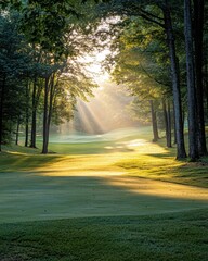 Obraz premium Golf course landscape at sunrise with sunbeams through trees scenic fairway view at dawn nature photography