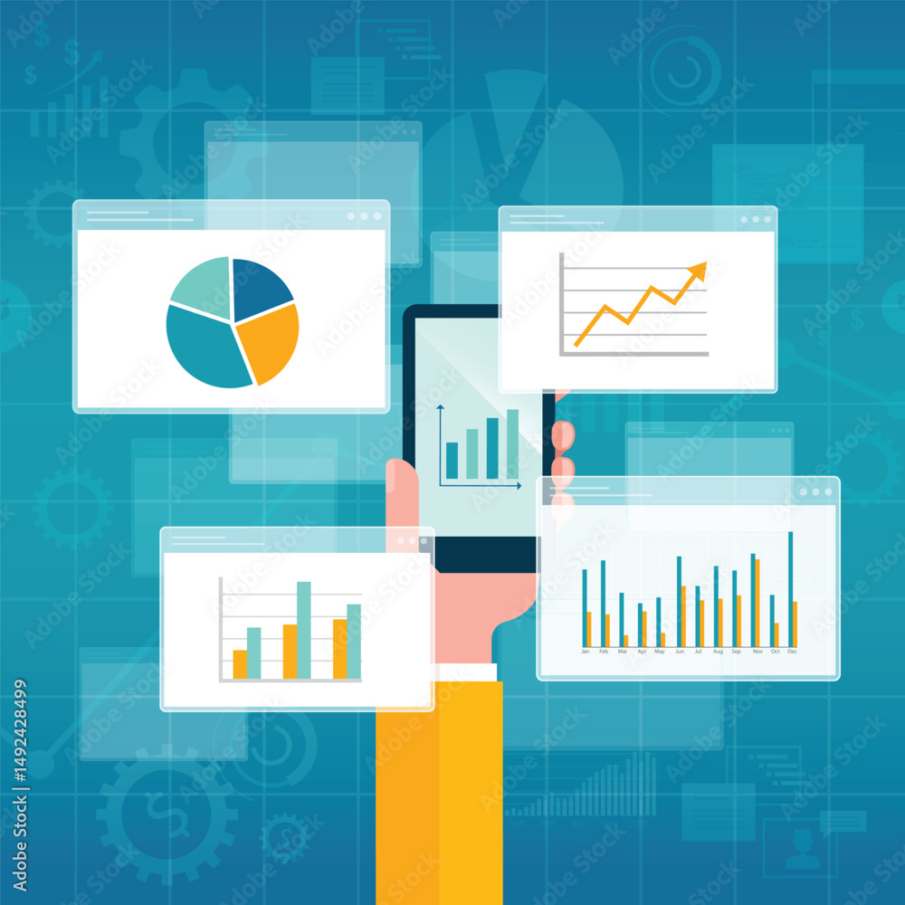 Aufkleber flat vector illustration design business data analytics online with mobile device concept. and business finance investment planning graph report background.
