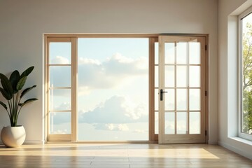 Fototapeta premium Serene Room with Open Door and Panoramic View of a Sunny Sky