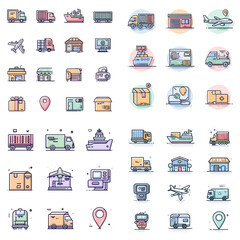 Colorful logistics and shipping icon set featuring trucks, planes, containers, parcels, and tracking. Perfect for delivery apps, warehouses, and e-commerce sites.

