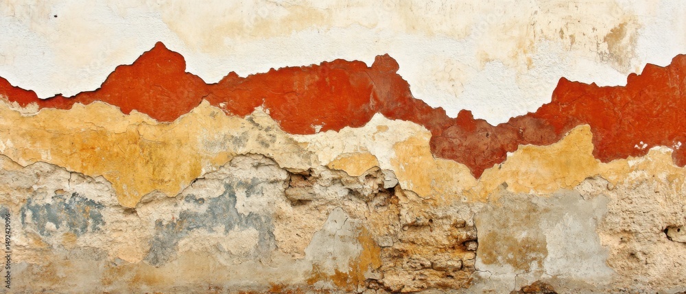 Poster eroding wall texture close up showing layers of paint and plaster in earth tones and red in natural 