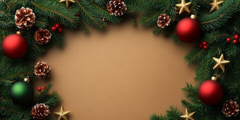 Christmas Border of Ornaments, Pine Branches, and Stars on a Beige Background With Copy Space