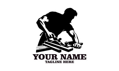 illustration carpenter with planing tool, carpentry work on wood emblem. Joinery, woodwork, woodworking badge or symbol vector and logo icon