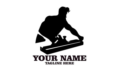 illustration carpenter with planing tool, carpentry work on wood emblem. Joinery, woodwork, woodworking badge or symbol vector and logo icon