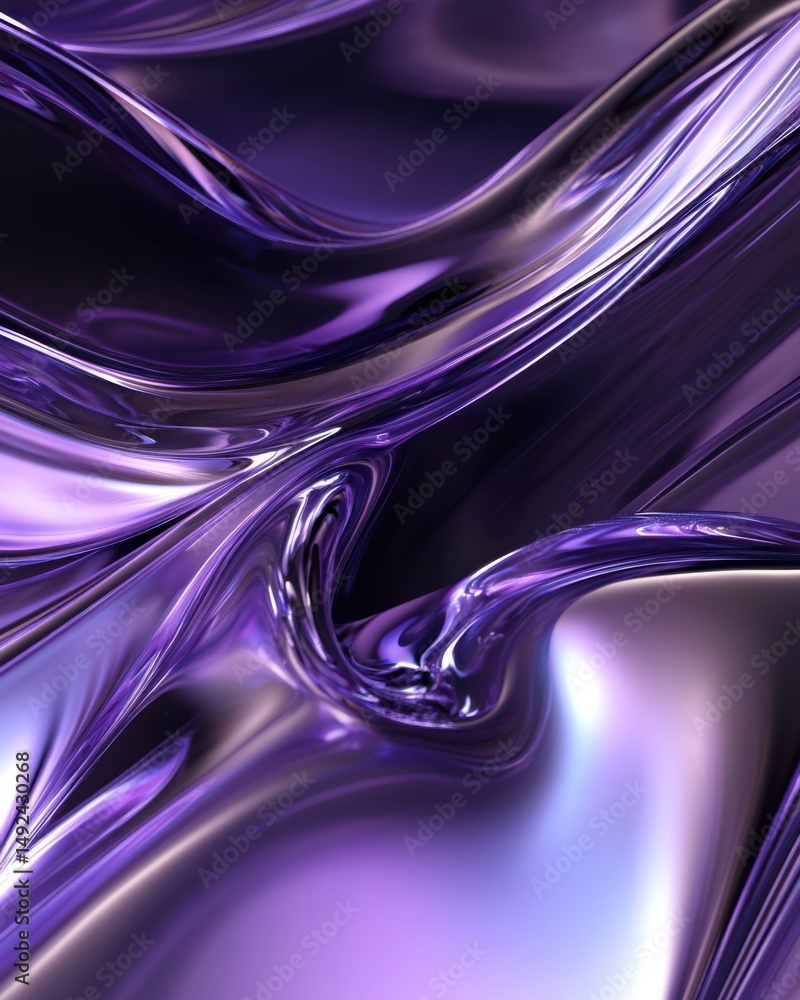 Poster abstract purple chrome waves flowing in a swirling motion metallic surface close up macro shot desig