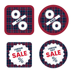 Set of vector Labour Day sale badges with percentage signs and tartan background. Discount labels in red, white, and blue colors for seasonal promotions or advertising.
