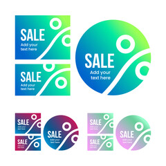 Modern vector sale banners on the trendy gradient backgrounds. Set of round and rectangular discount labels with customizable text. Perfect for promotions.