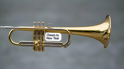 Fototapeta premium Gold Trumpet With Happy New Year Label On Grey Background