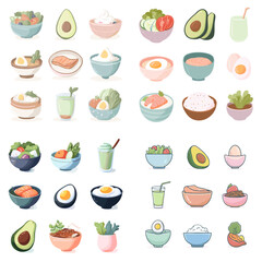 Flat style icons of healthy meals, salad bowls, smoothies, avocado, and eggs. Perfect for diet, clean eating, nutrition, and modern lifestyle design.

