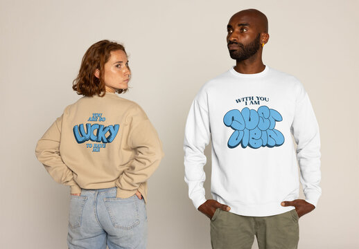 Couple in stylish sweaters, turned away from each other.  Front and back design. PSD Template Mockup ready to use