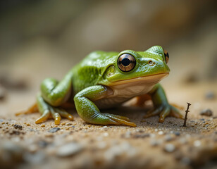 Naklejka premium Green Frog Sitting on Sandy Ground Looking at Camera