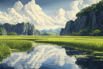 Harmonious Blend of Green Rice Fields and Towering Mountains