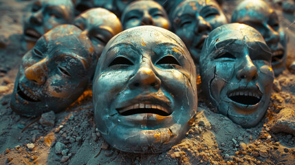 Fototapeta premium Ancient Faces: A collection of weathered, expressive masks emerges from the sandy ground, each telling a silent story of emotion, culture, and history.