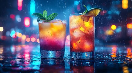 Refreshing Colorful Cocktails with Ice and Garnishes in Rainy Night Urban Setting.