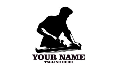 illustration carpenter with planing tool, carpentry work on wood emblem. Joinery, woodwork, woodworking badge or symbol vector and logo icon