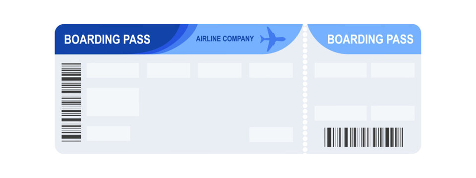Air Plane Ticket template. Blank airline flight boarding pass ticket with barcode. Empty airline Boarding pass. Airplane ticket design template. Concept of air travel document