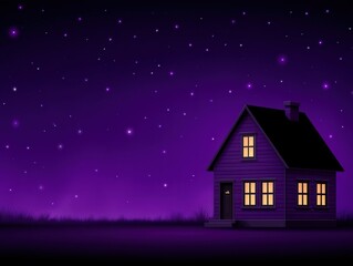 Illustrative depiction of a charming purple house illuminated by warm lights set against a mesmerizing starry night sky evoking a sense of serenity and wonder in a whimsical landscape