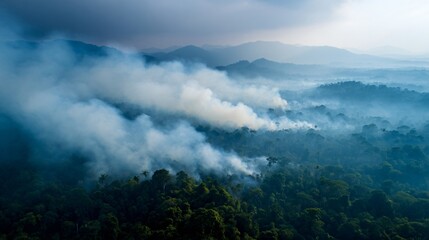 Fototapeta premium Aerial view of smoke rising from illegal logging amazon rainforest environmental impact eco crisis deforestation