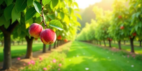 Two ripe apples hanging from a branch in a sun-drenched orchard, surrounded by rows of fruit trees and vibrant green grass