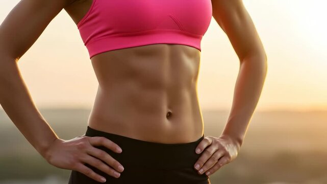 Woman in sportswear exercising strength training at outdoor and showing athletic body shape. Athletic girl with abdominal muscles abc cross workout at sunset. Sports motivation and Healthy lifestyle.