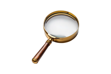 A vintage-style magnifying glass with gold frame and wooden handle, symbolizing inspection and financial analysis, isolated on a transparent background