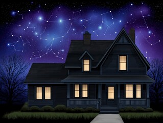 Enchanted night home illuminated with warm lights beneath a starlit sky filled with constellations creating a captivating atmosphere of serenity and wonder in a tranquil setting
