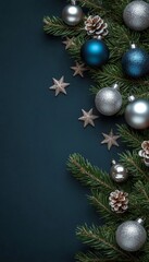 Christmas Border, Silver And Blue Baubles, Wooden Stars, Pine Cones, Top View, Copy Space.